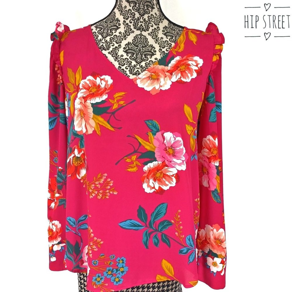 LOFT Blouse LS V Neck Ruffle Shoulder Poly Crepe Floral Top S NWT